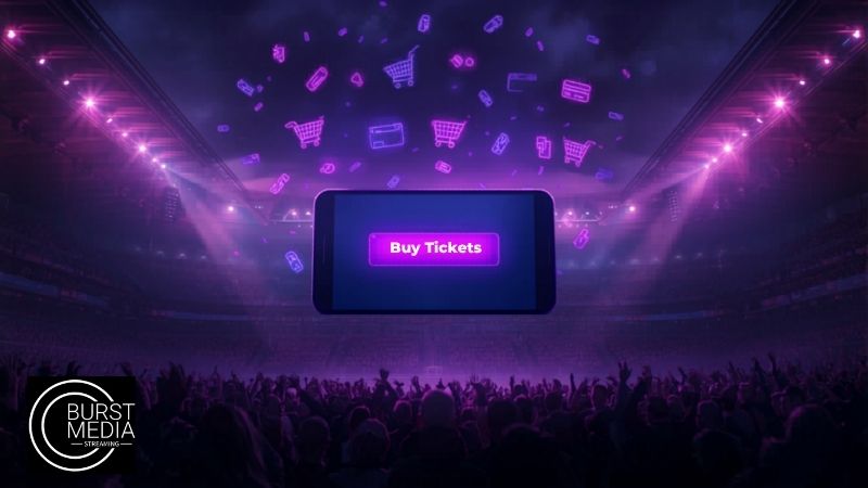 Estadio de fútbol con overlay de e-commerce en streaming deportivo en vivo