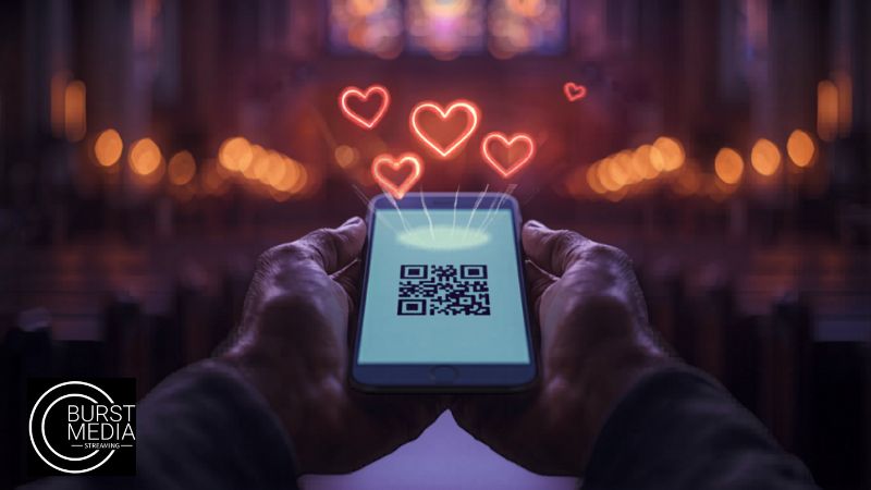 Manos con celular mostrando pantalla de donaciones en vivo para iglesia