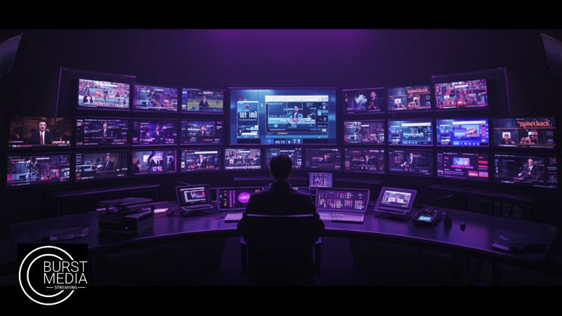 Sala de control broadcast para streaming de conferencias empresariales remoto
